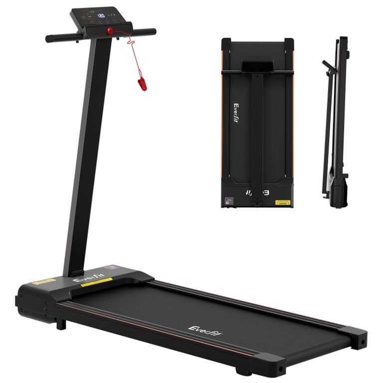 everfit walking pad treadmill 2 in 1 foldable for home gym 40cm wide belt 12 programs with app Foldable treadmill with safety features and compact design.