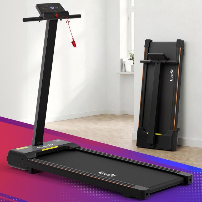 everfit walking pad treadmill 2 in 1 foldable for home gym 40cm wide belt 12 programs with app Foldable treadmill in modern room setting.
