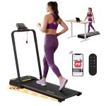 tmill 400h ainc bk 202602131618 00.jpg Woman using foldable treadmill with remote and app control.