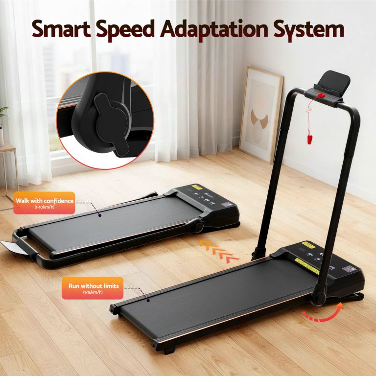 everfit 3 in 1 walking pad treadmill 20% auto incline under desk foldable treadmills for home with 40cm wide belt Treadmill with smart speed adaptation system in room.