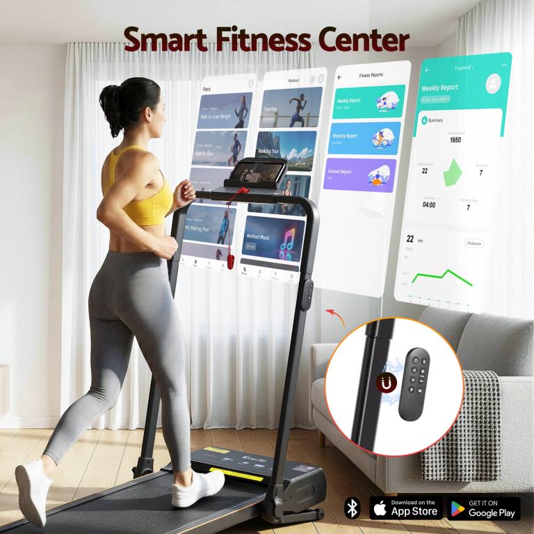 everfit 3 in 1 walking pad treadmill 20% auto incline under desk foldable treadmills for home with 40cm wide belt Woman running on smart treadmill with fitness app