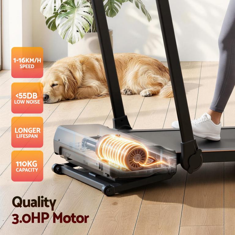 everfit 3 in 1 walking pad treadmill 20% auto incline under desk foldable treadmills for home with 40cm wide belt Treadmill with powerful motor beside resting dog.