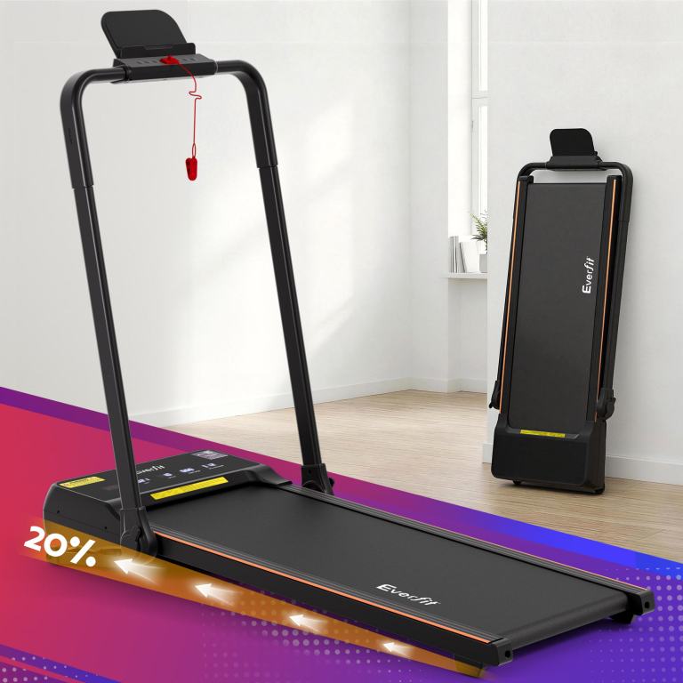 everfit 3 in 1 walking pad treadmill 20% auto incline under desk foldable treadmills for home with 40cm wide belt Foldable treadmill in modern room with discount sign.