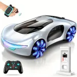 Futuristic toy car with remote and charger.