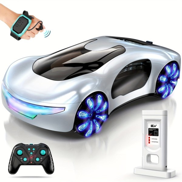 Futuristic toy car with remote and charger.