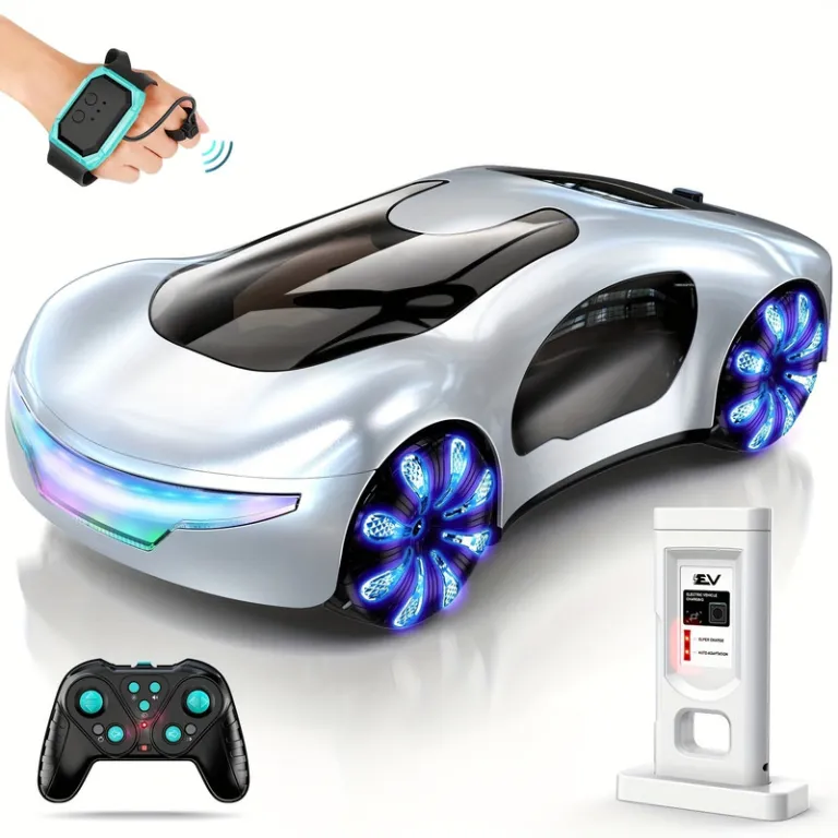 Futuristic toy car with remote and charger.