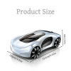 Sleek silver toy car with marked dimensions.