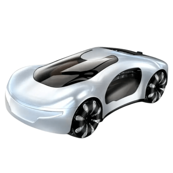 Futuristic silver car with aerodynamic design.