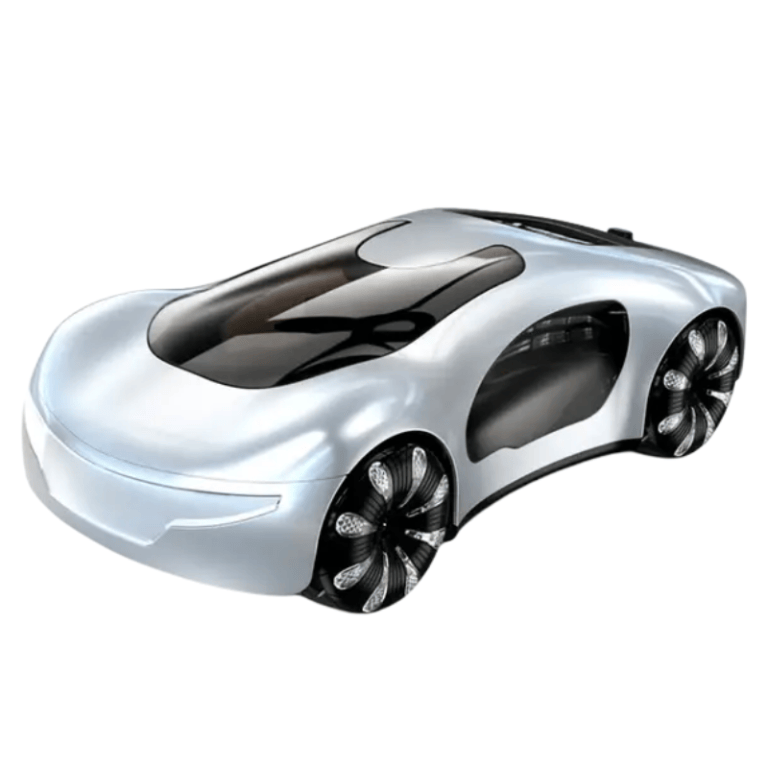 Futuristic silver car with aerodynamic design.