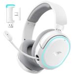 White gaming headset with detachable microphone and USB adapter.