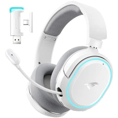 White gaming headset with detachable microphone and USB adapter.