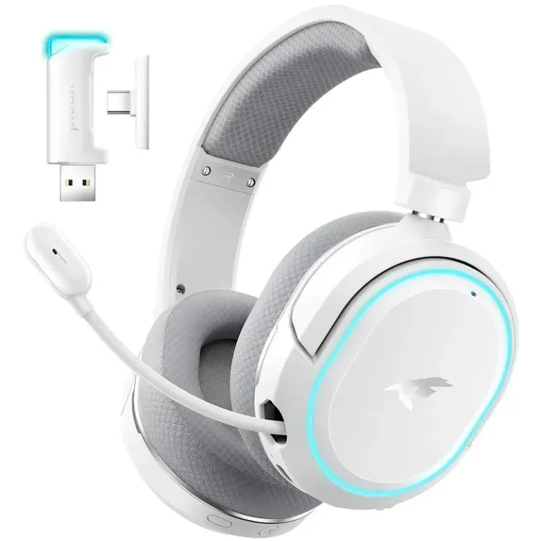 White gaming headset with detachable microphone and USB adapter.