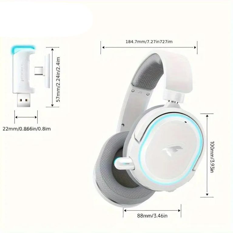 Wireless headphones with USB dongle and dimensions