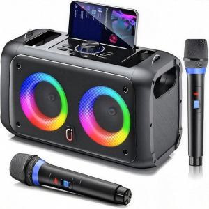 Portable speaker system with colourful LED lights, microphones.