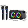 Wireless microphones and LED speaker with dimensions.