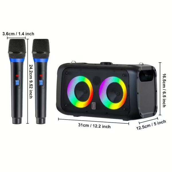Wireless microphones and LED speaker with dimensions.
