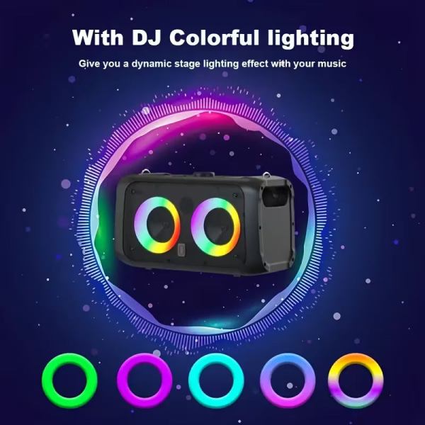 Speaker with colourful DJ lighting effects