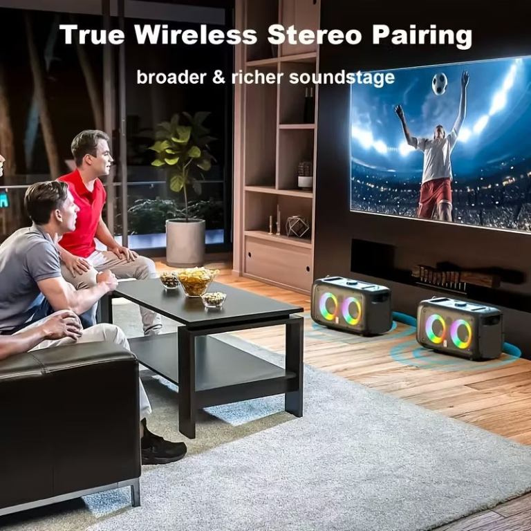 Watching sports with true wireless stereo speakers.