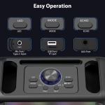 Speaker control panel with various ports and buttons.