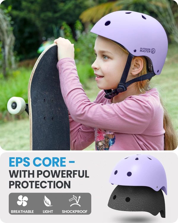 outdoormaster youth & kids bike helmet adjustable multi sports skateboard helmet with removable liners for balance bike, toddler scooter, one wheel hoverboard taro purple large