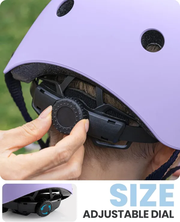 outdoormaster youth & kids bike helmet adjustable multi sports skateboard helmet with removable liners for balance bike, toddler scooter, one wheel hoverboard taro purple medium