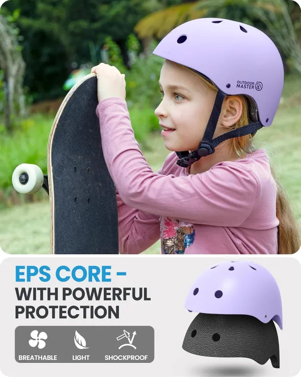 outdoormaster youth & kids bike helmet adjustable multi sports skateboard helmet with removable liners for balance bike, toddler scooter, one wheel hoverboard taro purple medium