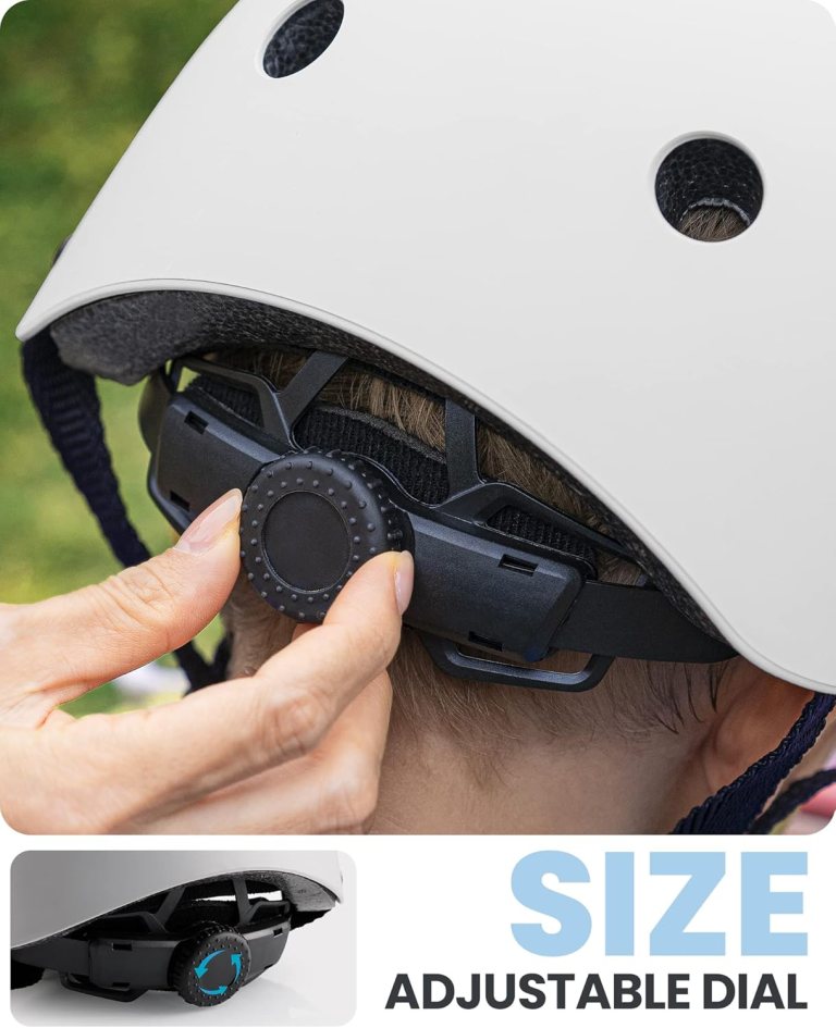 outdoormaster youth & kids bike helmet adjustable multi sports skateboard helmet with removable liners for balance bike, toddler scooter, one wheel hoverboard white medium