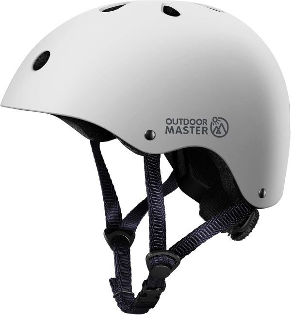 outdoormaster youth & kids bike helmet adjustable multi sports skateboard helmet with removable liners for balance bike, toddler scooter, one wheel hoverboard white medium
