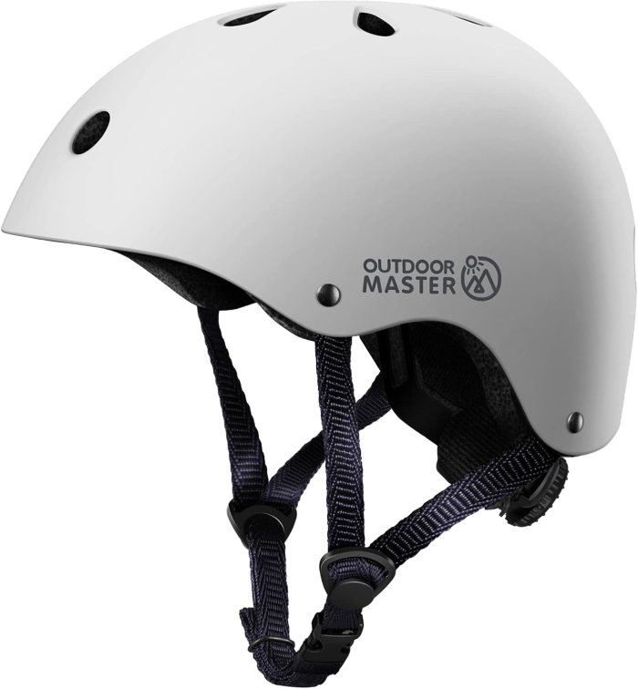 outdoormaster youth & kids bike helmet adjustable multi sports skateboard helmet with removable liners for balance bike, toddler scooter, one wheel hoverboard white medium