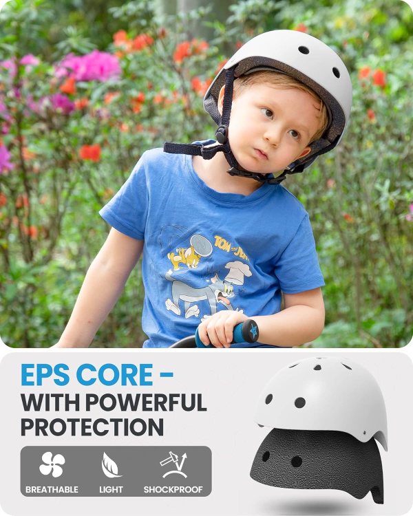 outdoormaster youth & kids bike helmet adjustable multi sports skateboard helmet with removable liners for balance bike, toddler scooter, one wheel hoverboard white medium