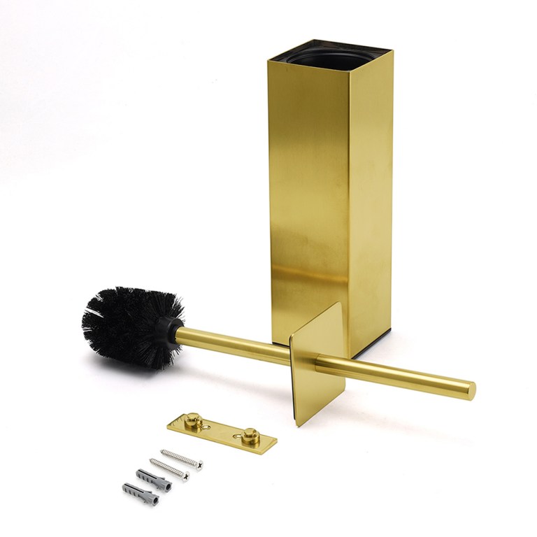 Gold toilet brush set with holder and fittings.