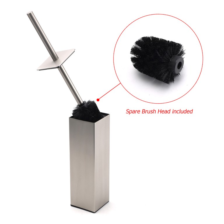 brushed nickel cubic square toilet brush stainless steel wall mounted holder cup Stainless steel toilet brush with spare head.