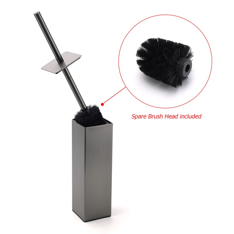 bathroom gun metal grey square toilet brush 304 stainless steel holder cup kit Stainless steel toilet brush with spare head included.