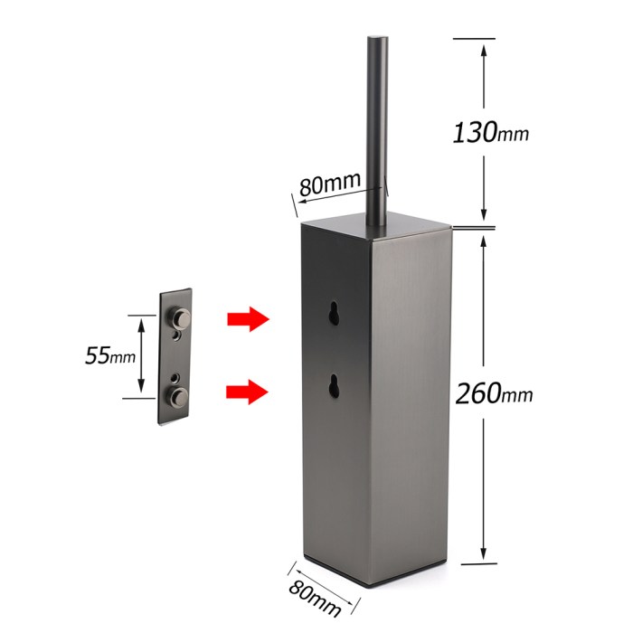 bathroom gun metal grey square toilet brush 304 stainless steel holder cup kit Black door lock with dimensions indicated.