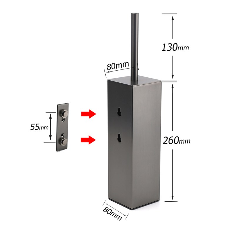bathroom gun metal grey square toilet brush 304 stainless steel holder cup kit Black door lock with dimensions indicated.