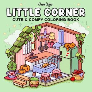 Cartoon kitchen with cat on fridge, cosy decor.