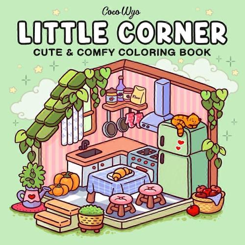 Cartoon kitchen with cat on fridge, cosy decor.