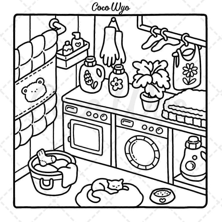 Laundry room with washer, dryer, cat sleeping.