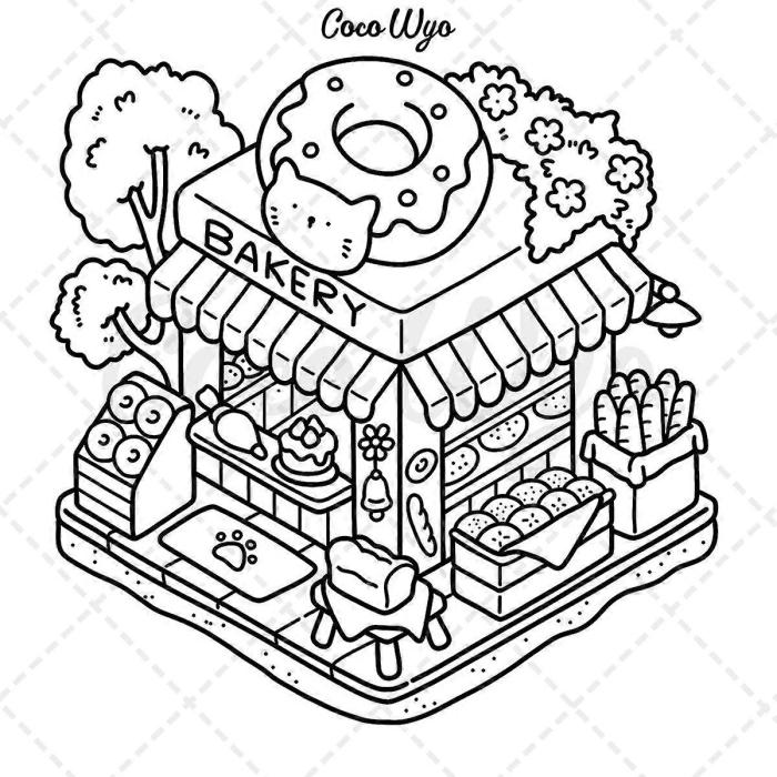 Cartoon bakery with donuts and bread display.