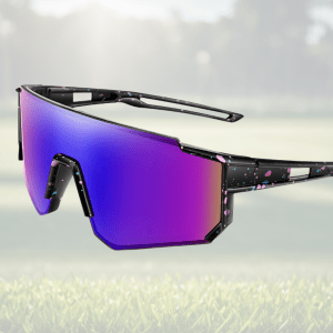 Futuristic sunglasses with purple lenses on grass.