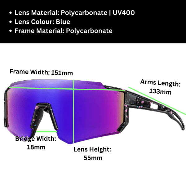 Blue polycarbonate sunglasses with dimensions and UV400.