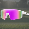 Colourful sports sunglasses with white speckled frame.
