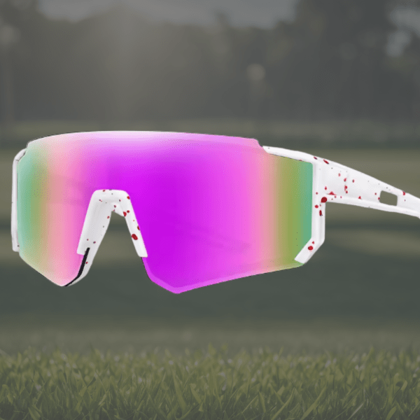 Colourful sports sunglasses with white speckled frame.
