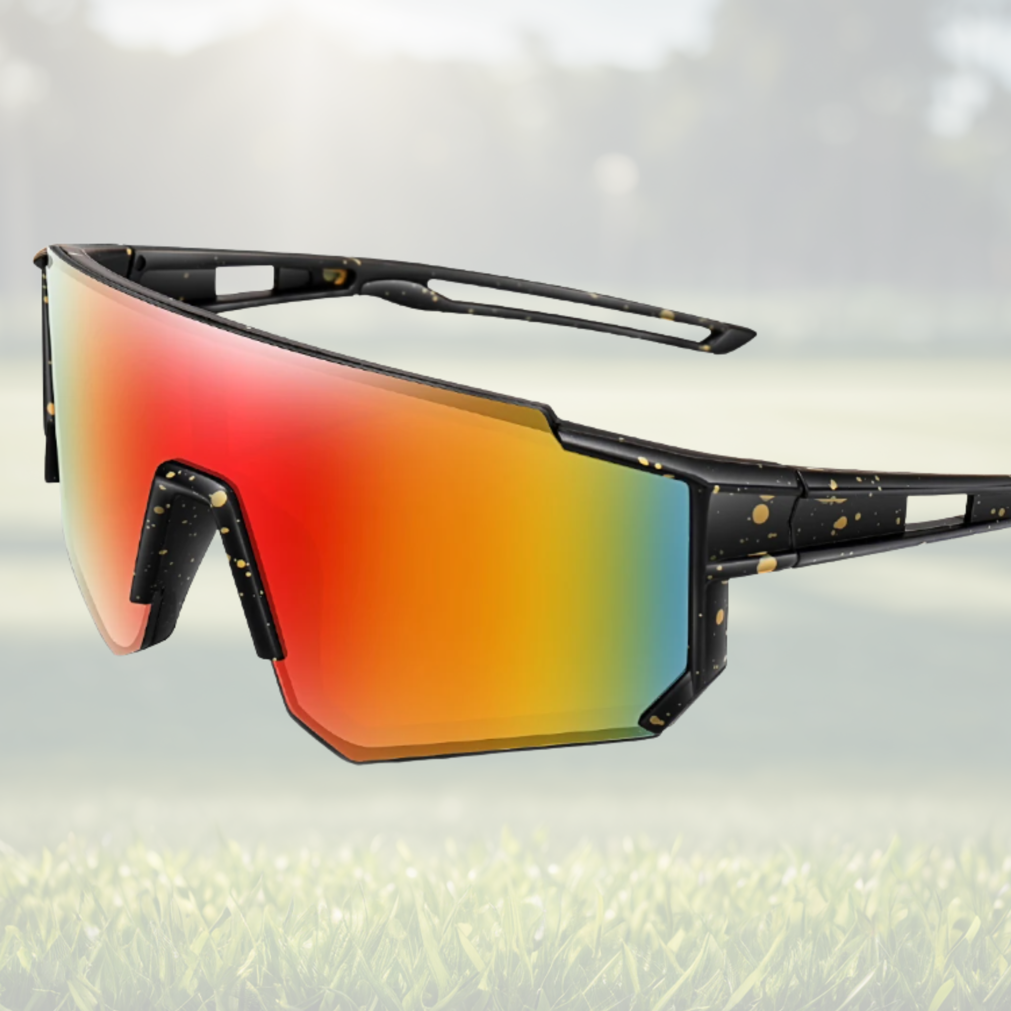 Stylish rainbow sunglasses on grassy field background.