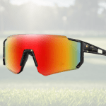 Futuristic red-orange sunglasses with black speckled frame.