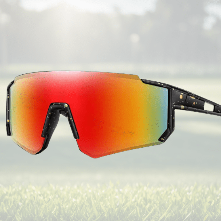 Futuristic red-orange sunglasses with black speckled frame.