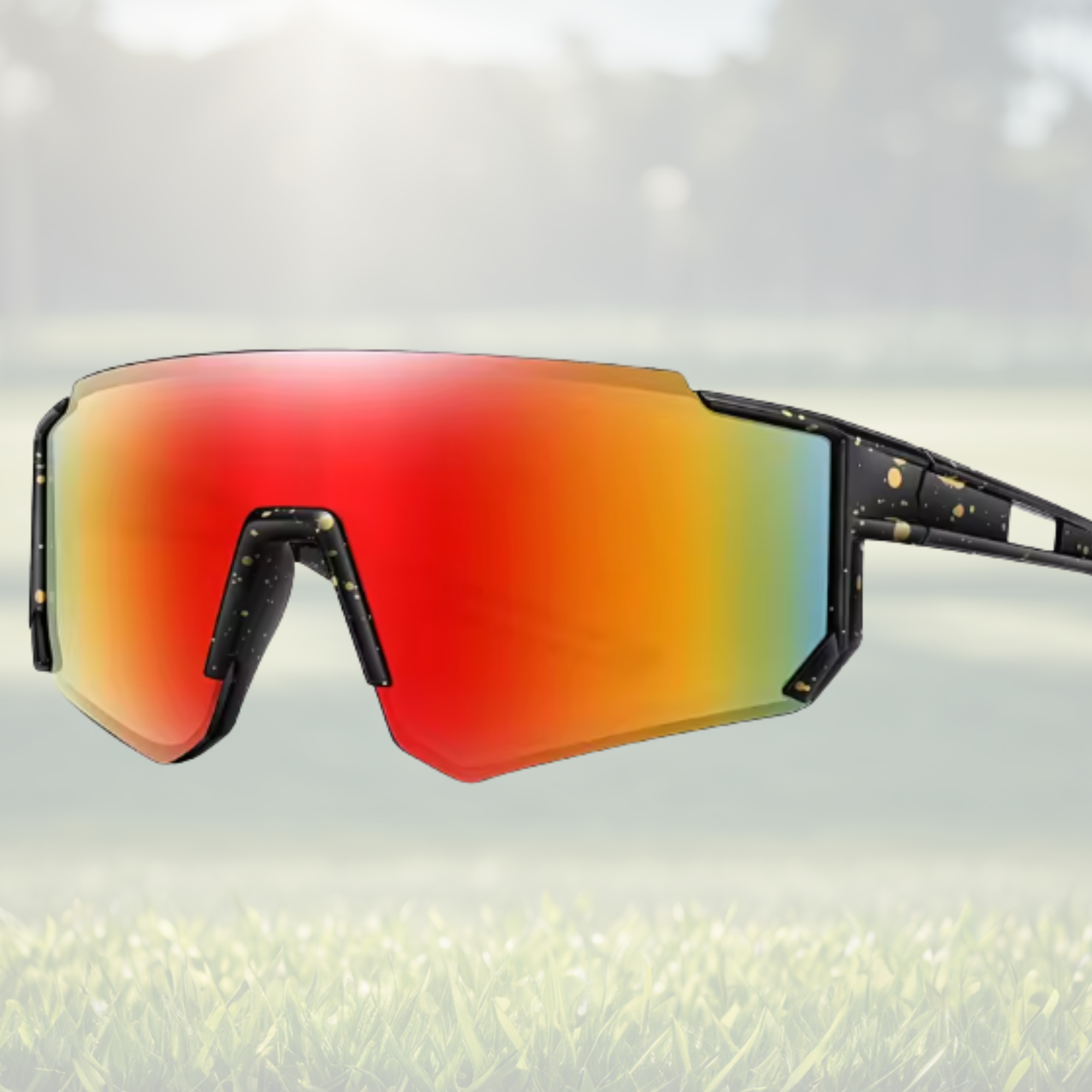 Futuristic red-orange sunglasses with black speckled frame.