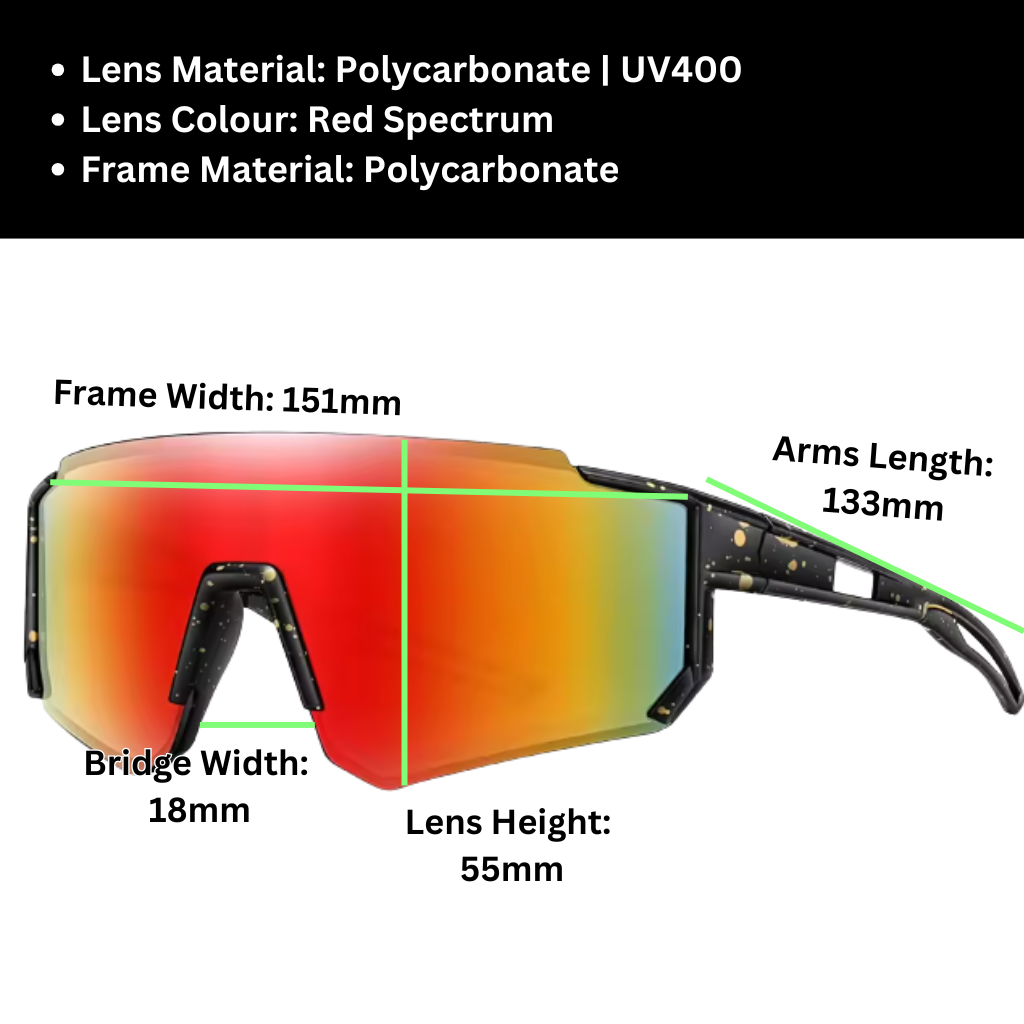 Red spectrum polycarbonate sunglasses with measurements.