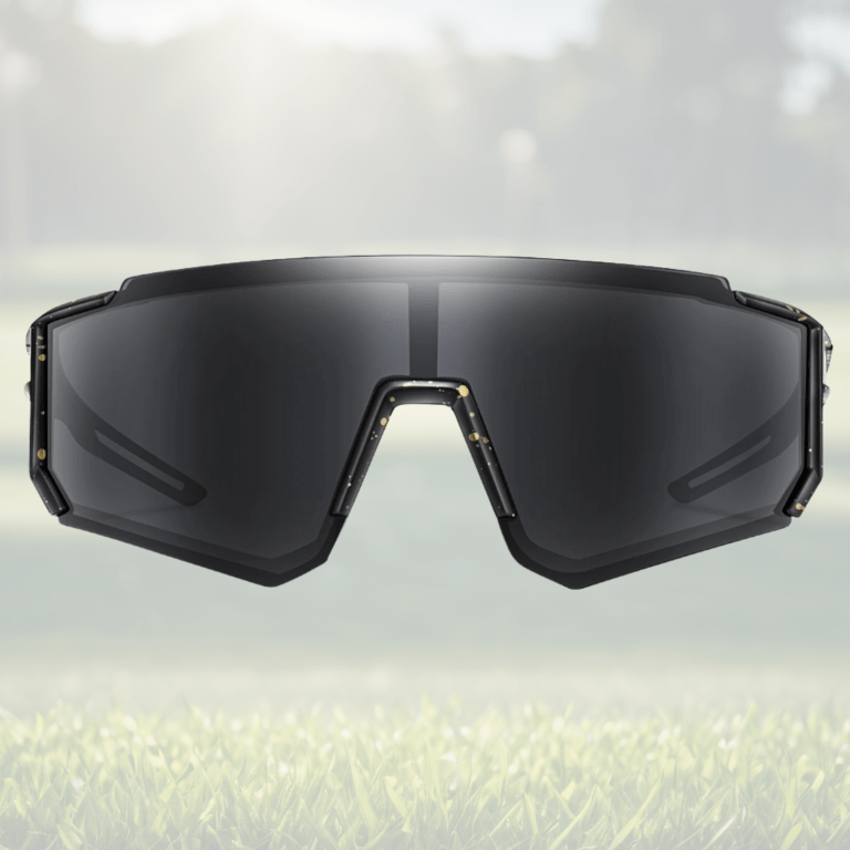 Stylish black sports sunglasses on blurred outdoor background.