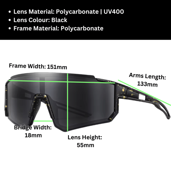 sportiq jnr kids jet black Black polycarbonate sunglasses, UV400 lens with dimensions.